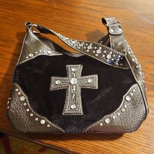 Elegant Black and Silver Cross Embellished Shoulder Bag